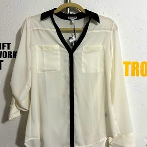 Express sheer white & black button up with convertible sleeves, size small.